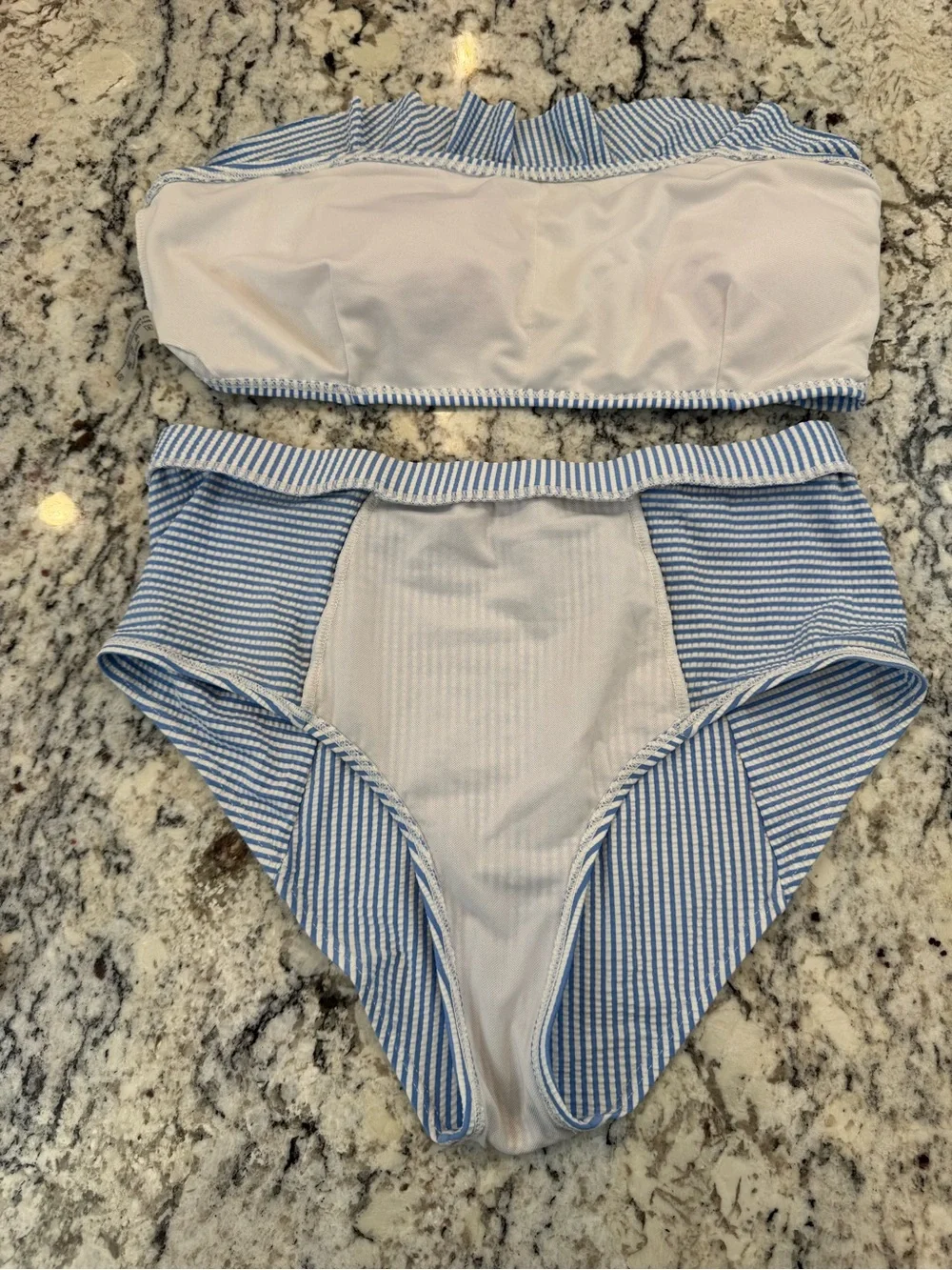 Blue & White Seersucker Ruffle Bandeau Bikini Set High Waist Size L - Picture 9 of 9